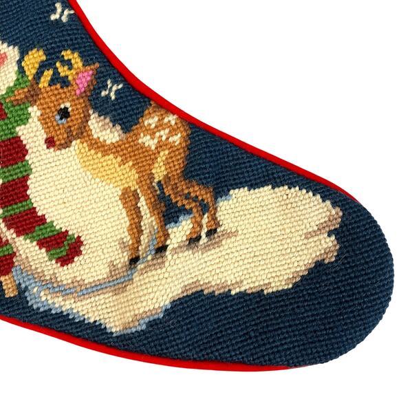 Imperial Elegance Christmas Stocking Snowman Rudolph Velvet Needlepoint Vintage - Picture 4 of 12